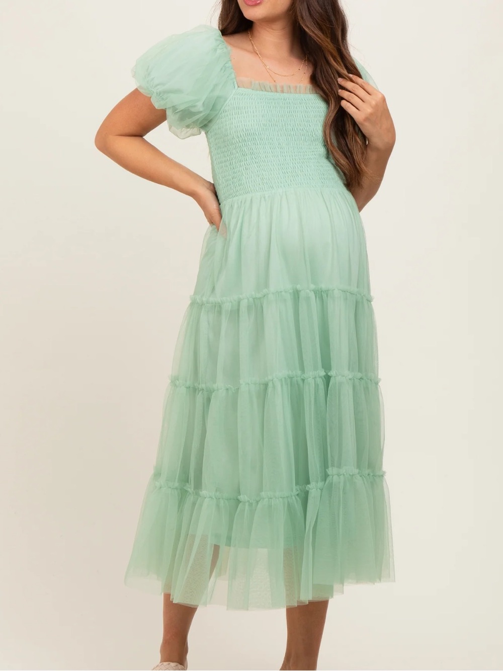 Pinkblush Mint Green Smocked Tiered Tulle Maternity Midi Dress